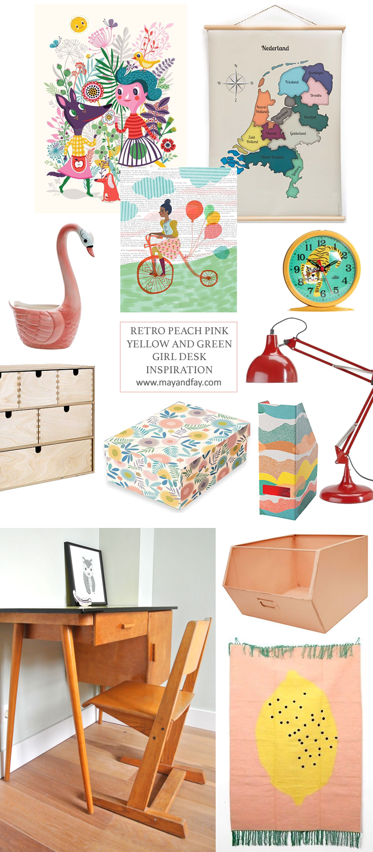 may and fay blog: retro pink, peach, yellow and green girl desk